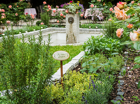 Romantischer Rosengarten mit Kräutern